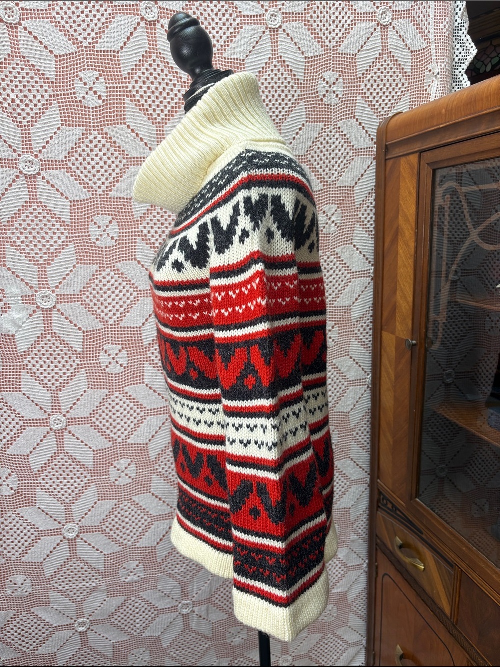 Vintage Fair Isle Cowl Neck Sweater Red Black Cream Acrylic - Picture 6 of 11
